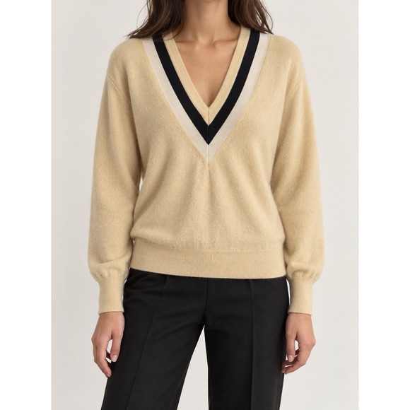 Sandro Sweaters - Sandro Paris Womens M US 6 Wool Cashmere V Neck Sweater Beige Contrast Trim